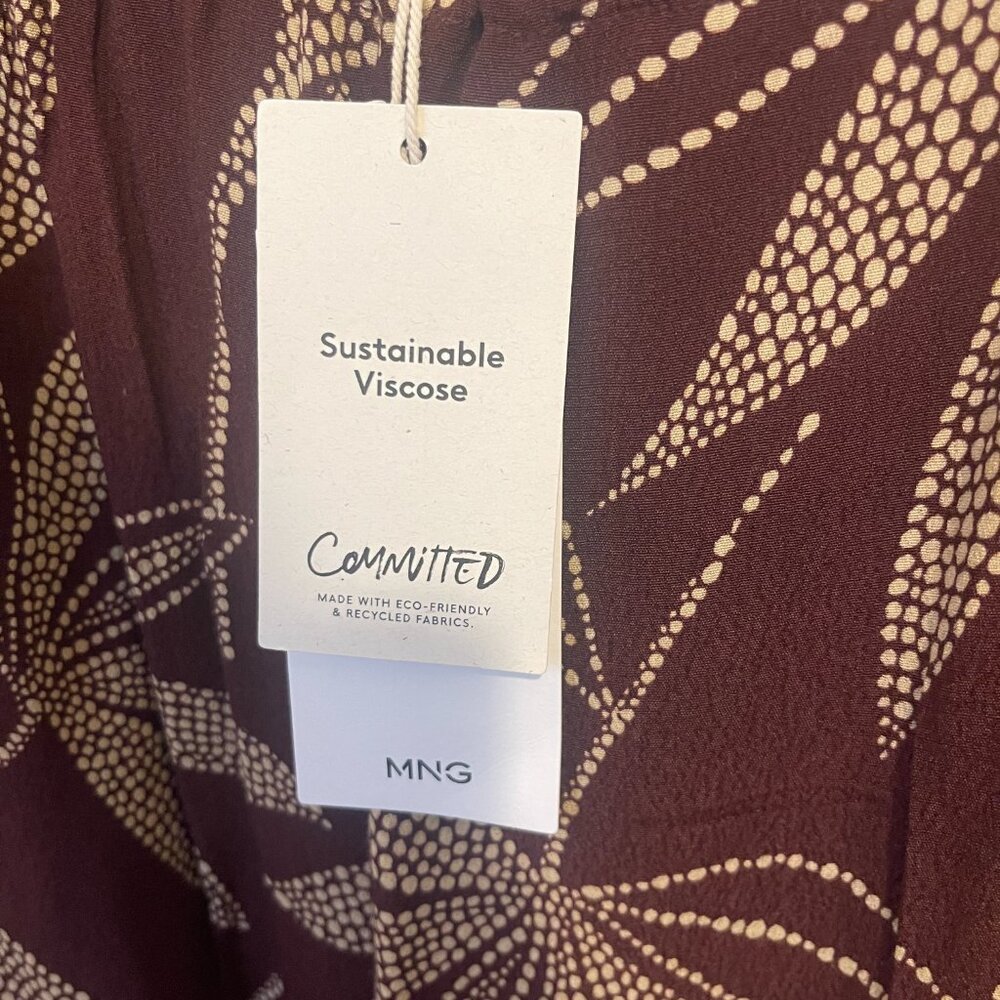 Mango Brown Puff Sleeve Midi Dress with Gold Leaf Print – Size XXL - Picture 4 of 11